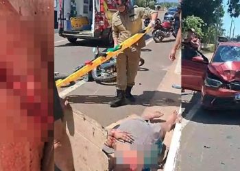 Vídeo forte: motoqueiro fica com a perna aberta após colisão entre três veículos no Amazonas