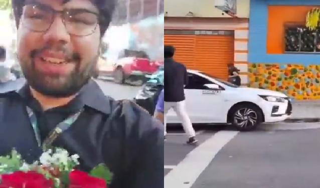 O homem aparece com um buquê de flores. Foto: Reprodução