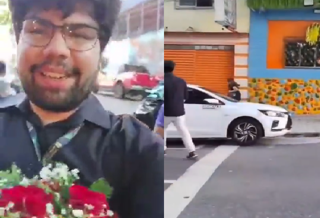 O homem aparece com um buquê de flores. Foto: Reprodução