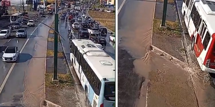 Vídeo: novo rompimento de adutora é registrado na Torquato Tapajós nesta terça-feira (22)