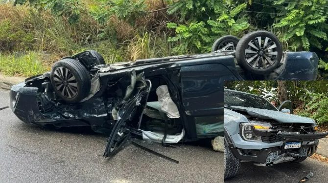 Carro avança cruzamento, capota e motorista fica preso nas ferragens em Manaus
