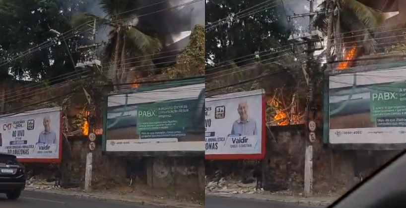 Trânsito na avenida Umberto Calderaro é afetado após incêndio no alto de terreno; veja