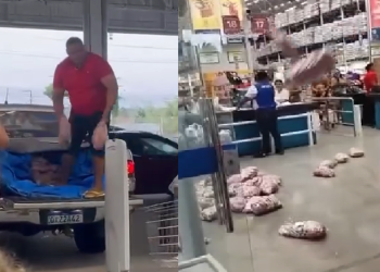 Vídeo: Rev0ltado, homem estaciona na porta de supermercado e joga linguiças estragadas no chão