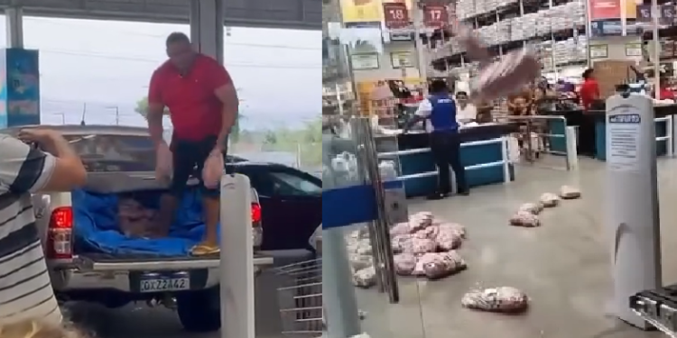 Vídeo: Rev0ltado, homem estaciona na porta de supermercado e joga linguiças estragadas no chão