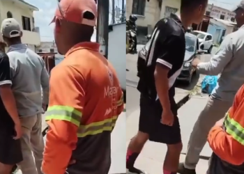 Vídeo mostra motorista de caminhão de lixo levando s0c0 de homem no meio da rua no Coroado; veja