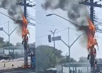 Vídeo: poste em chamas causa apreensão na avenida Cosme Ferreira