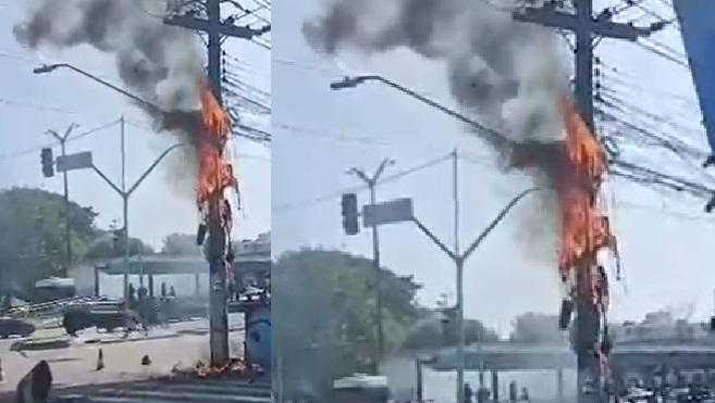 Vídeo: poste em chamas causa apreensão na avenida Cosme Ferreira