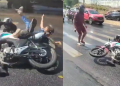 Veja motociclista e passageira caind0 em trecho na avenida Cosme Ferreira coberta por óleo; vídeo