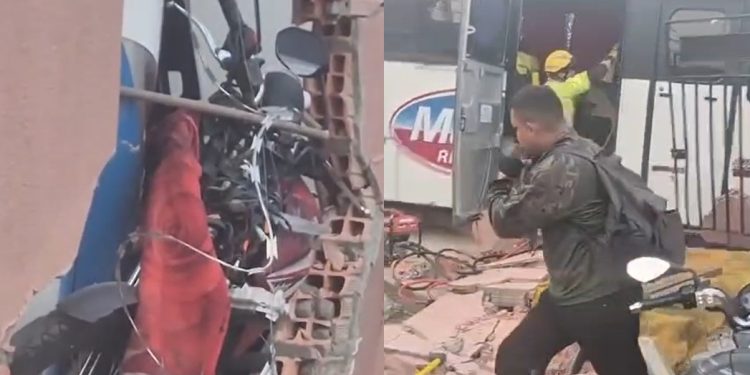 Vídeo: motorista da Martins Rent a Car fica preso às ferragens ao bater ônibus no muro em Manaus