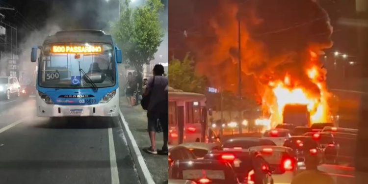 Ônibus da linha 500 pega fogo e é destruído pelas chamas na Constantino Nery