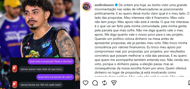 Will Robson diz que recebeu proposta de R$ 100 mil para fazer ‘publi’ do PT em Manaus