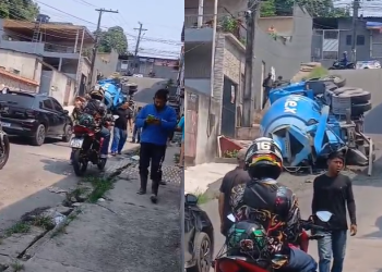 Vídeo: Betoneira da Tumpex tomba em rua íngreme no bairro Flores e complica trânsito