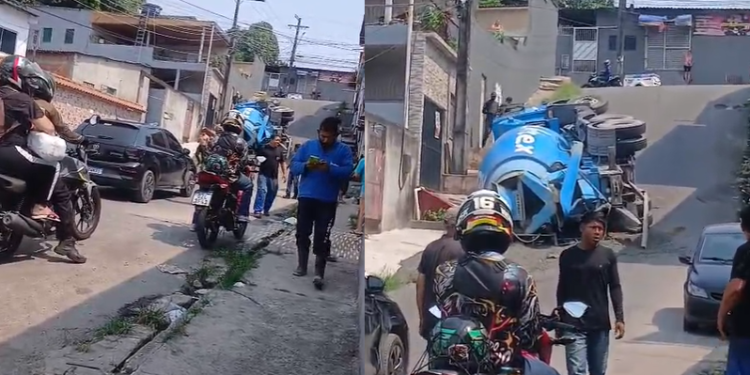 Vídeo: Betoneira da Tumpex tomba em rua íngreme no bairro Flores e complica trânsito
