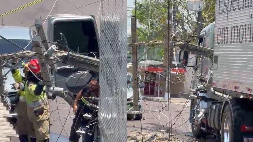 Vídeo: Caminhão enrosca em fiação, derruba poste e deixa rua interditada no Petrópolis