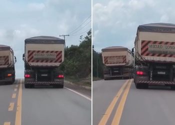 Motorista grava carreta realizando ultrapassagem proibida na BR-174: ‘olha o perigo’