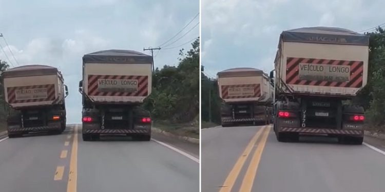 Motorista grava carreta realizando ultrapassagem proibida na BR-174: ‘olha o perigo’