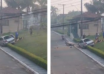 Vídeo: carro descontrolado invade área de condomínio e deixa dois ferid0s em Manaus