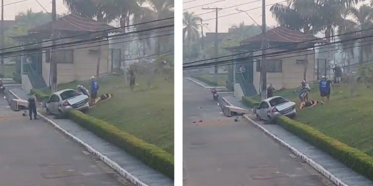 Vídeo: carro descontrolado invade área de condomínio e deixa dois ferid0s em Manaus