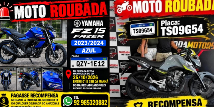 Duas motos são furt@das e roub@d@s em Manaus e donos oferecem recompensa