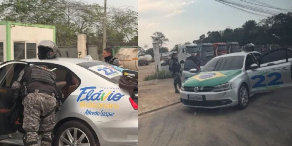 Carro adesivado com imagens de Flávio Bolsonaro e Alfredo Gaspar é abordado pela Rocam em Manaus