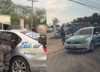 Carro adesivado com imagens de Flávio Bolsonaro e Alfredo Gaspar é abordado pela Rocam em Manaus