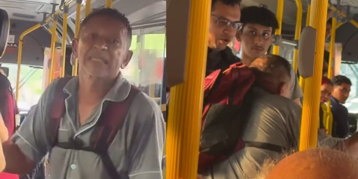 Veja: Homem ‘paga de doido’, começa a xingar passageiros dentro de ônibus e leva ‘puxão’ de PM em Manaus