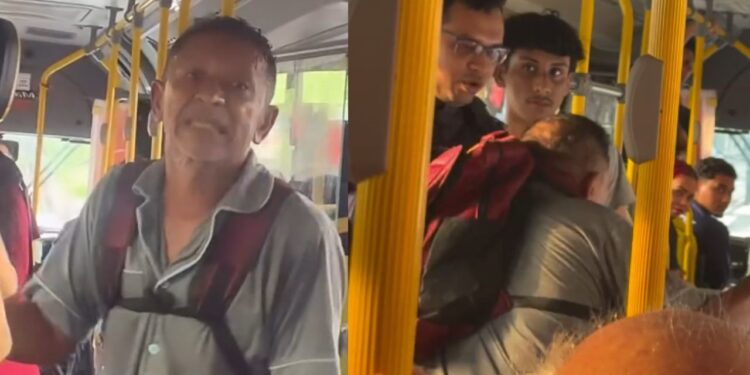 Veja: Homem ‘paga de doido’, começa a xingar passageiros dentro de ônibus e leva ‘puxão’ de PM em Manaus
