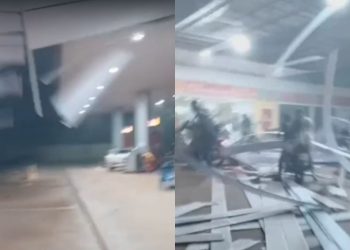 Vídeo: Durante forte chuva, teto de posto desaba e assusta motociclista em Iranduba
