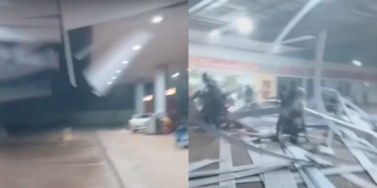 Vídeo: Durante forte chuva, teto de posto desaba e assusta motociclista em Iranduba