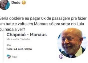 Jovem viaja de Santa Catarina a Manaus, gasta R$ 6 mil para votar em Lula e pede ajuda nas redes
